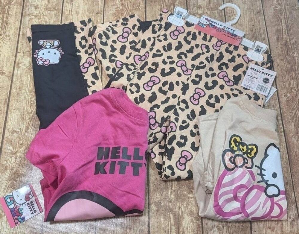 Hello Kitty Lot Girls 8 10 12 NWT Shirts Leggings Sanrio Pink Leopard Print 3-Pc